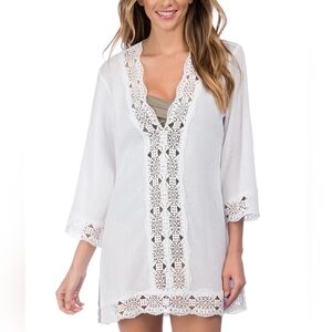 La Blanca Island Fare Crochet Lace Trim Cotton Tunic Swim Cover-up S